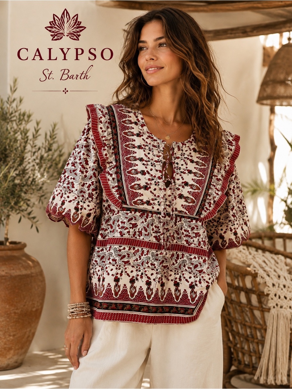 NWT,Calypso St Barth,Quilted Bib-Front Boho Folk Print Cotton Blouse,Size M